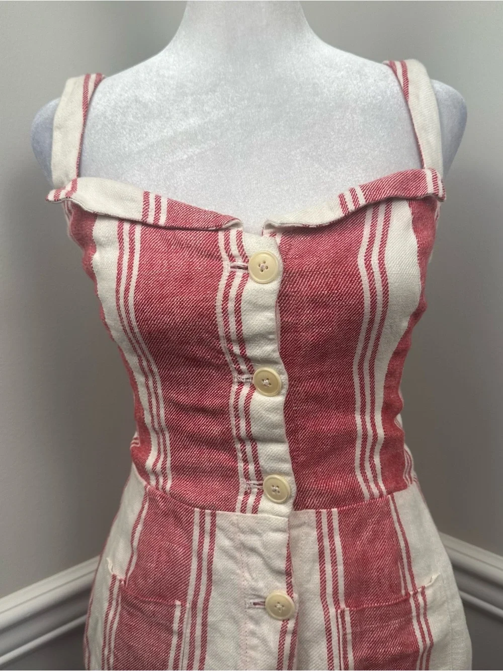Reformation Red and Cream Striped Linen Button Romper 4